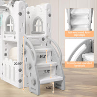 Garvee Juegos Infantiles 8 en 1 de HDPE Ecológico para Niños de 1-3 Años, Tobogán Seguro y Estable con Aro de Baloncesto, Volante y Telescopio, Color Gris y Blanco, Cumple Normas Europeas