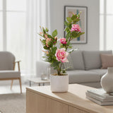 Garvee Set de 2 Flores Artificiales en Jarrón, 50 cm con 13 Rosas Seda, Realistas y Duraderas, Maceta Plástica Resistente, Decoración Interior y Exterior, Rosa Clásico