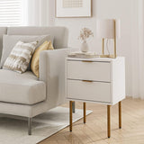 Garvee Mesa De Noche Blanca Con 2 Cajones, Patas De Metal Dorado, Compacto Para Sala Y Dormitorio, 40x30x56 cm