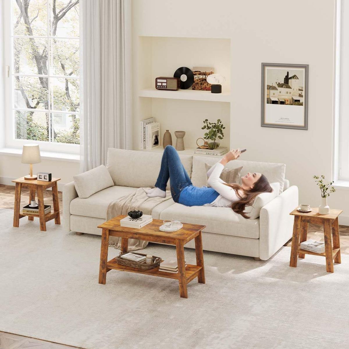 Garvee Mesa Auxiliar Pequeña de Madera Estilo Rústico con 2 Estantes para Dormitorio, Oficina, Sala de Estar, 48.2×30×48.2CM, Rústico Marrón