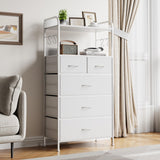 Garvee Cómoda para Dormitorio con 5 Cajones, Organizador de Almacenaje, Marco Metálico Resistente, Tapa de Madera, Tiradores de Tela, Estabilidad Mejorada, Ideal para Entrada y Sala - Blanco