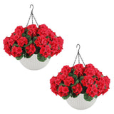 Garvee Set De 2 Geranios Artificiales Rojos Con Cesta Blanca Para Exterior, Flores Colgantes Realistas, Resistente, Porche Y Jardín - Rojo