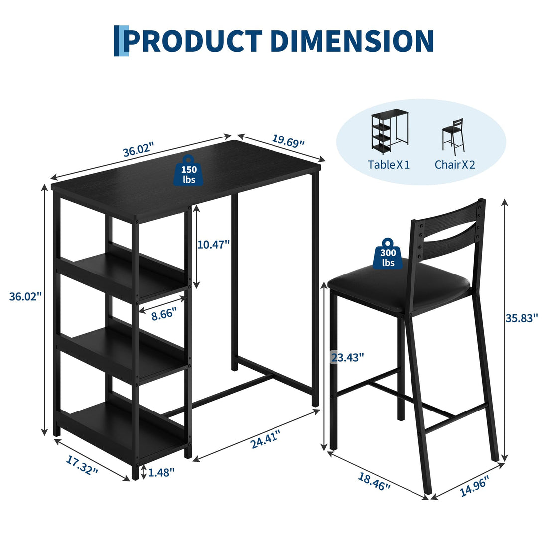 Garvee Juego De Comedor 3 Piezas Con Estantes De Almacenamiento, Sillas Acolchadas, Estructura De Hierro Y Madera, Compacto Para Apartamentos, Negro