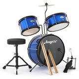 Garvee Batería Infantil Azul de 3 Piezas, Set Musical Completo para Niños con Bombo, Toms, Platillo y Taburete, Kit de Madera para Principiantes y Aprendizaje - Azul