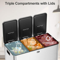 Garvee Cubo de Basura Rectangular de Acero Inoxidable y Plástico con Pedal Tapa Fina y 3 Compartimentos  60L para Reciclaje en Cocina Oficina y Hogar Plata