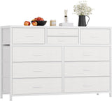 Garvee Cómoda con 10 Cajones de Almacenaje de Tela y PU, Estructura de Acero, Tapa de Madera, para Dormitorio y Pasillo, Color Blanco - Blanco de cuero
