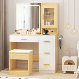 Garvee Escritorio Tocador Moderno con Espejo LED 3 Modos, 4 Cajones, Taburete con Almacenaje, Puertos USB y Enchufes, Madera, para Dormitorio - Madera Natural & Blanco