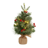 Garvee Árbol de Navidad Mini de 46 cm Preiluminado con 20 Luces LED, Bayas Rojas, Base de Arpillera para Mesa, Oficina, Dormitorio