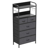 Garvee Cómoda de Entrada 5 Cajones de Tela Marco Metálico Robusto 2 Estantes Abiertos y Ganchos Laterales 120x60x30 cm para Salón y Pasillo Gris - Gris