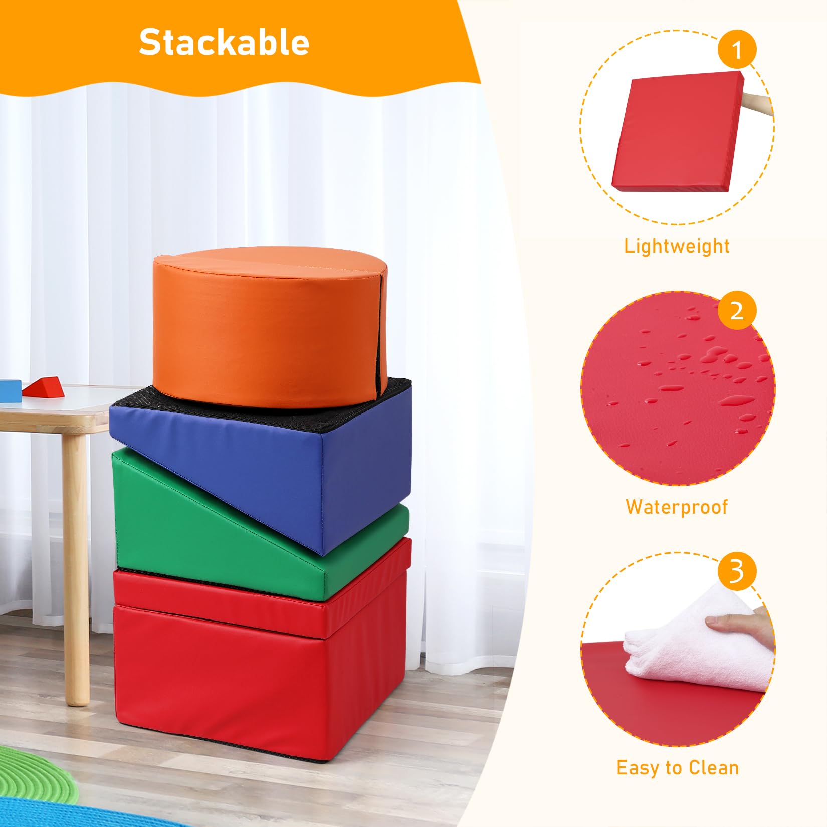 Garvee Bloques de Escalada de Espuma para Niños de Cuero PU, Set de 5 Piezas Seguras y Antideslizantes, 180x51x38cm, Juego Activo para Diversión Interior