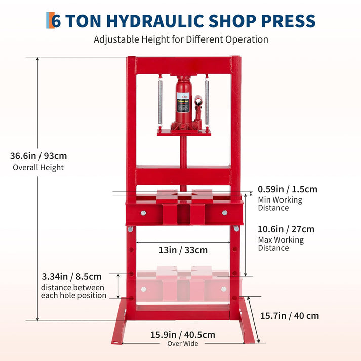 Garvee Prensa Hidráulica 6 T Marco en H Ajustable Placas Doble Acero Resistente Uso Taller y Automoción Rojo