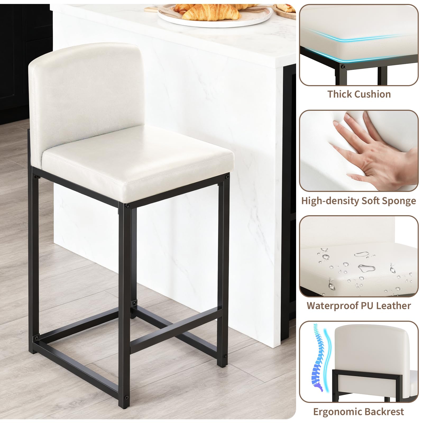 Sillas altas de cocina tapizadas en cuero PU blanco de 63 cm