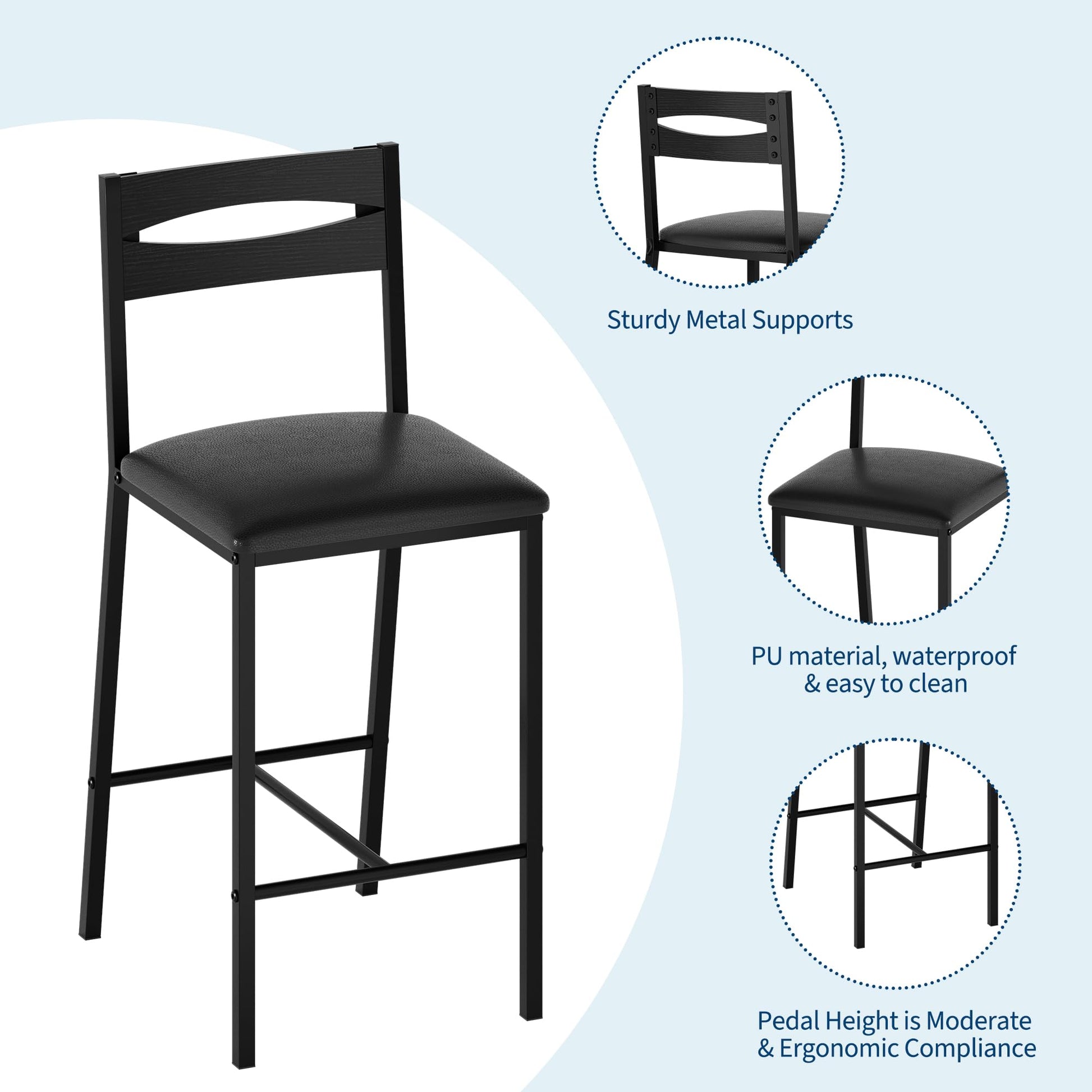 Garvee Juego De Comedor 3 Piezas Con Estantes De Almacenamiento, Sillas Acolchadas, Estructura De Hierro Y Madera, Compacto Para Apartamentos, Negro
