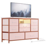 Garvee Cómoda TV Stand con 8 Cajones Profundos, LED RGB y Enchufe Integrado para Sala o Dormitorio, MDF Resistente, Tope de Madera, Amplio Almacenaje, Color Madera - Rosa