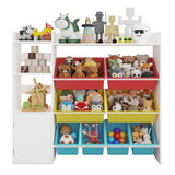 Garvee Organizador De Juguetes Infantil 4 En 1 Con 8 Contenedores, Estante De MDF Seguro Y Moderno Para Sala De Juegos, Aula, Blanco, 44.3x11.8x39.4 In - Blanco & Marco Amarillo/Rojo/Azul