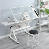 Garvee Mesa De Dibujo Ajustable Con Taburete, Superficie De Vidrio Inclinable 0-75°, Estructura De Acero, Cajones De Almacenaje Para Arte Y Oficina En Casa, Tamaño Ajustable, Transparente - Blanco