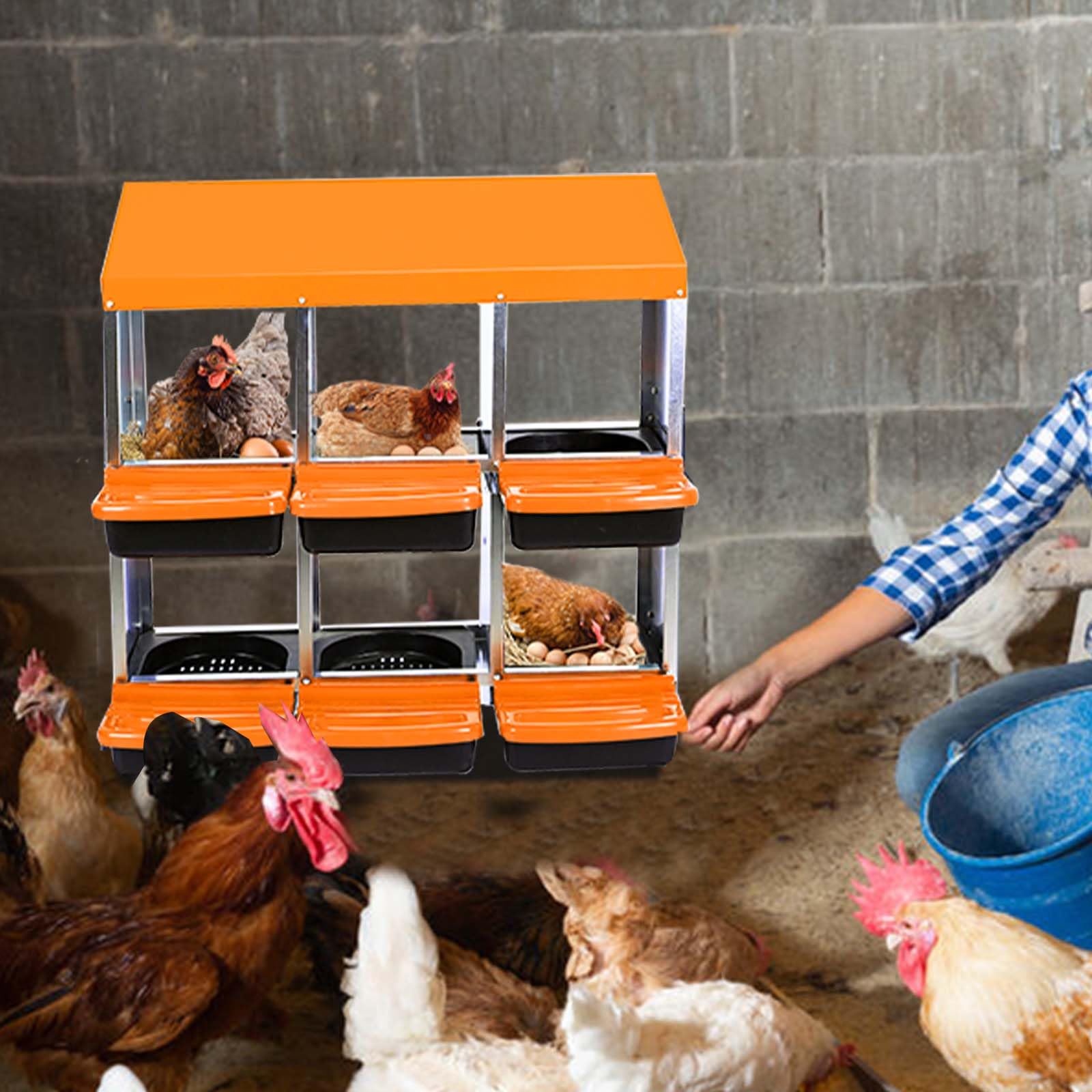 Garvee Caja de Anidación para Pollos 6 Compartimentos, Acero Galvanizado PP, Bandeja Antióxido, Mango de Plástico, Resistente a la Oxidación, Naranja