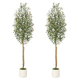 Garvee Árbol Olivo Artificial 213cm, 2 Troncos Naturales, Hoja de Seda, Maceta Blanca de Cemento, Decoración Interior para Sala, Troncos Ajustables, Verde Natural - 2 Piezas