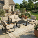Garvee Conjunto de Muebles de Jardín de 4 Piezas Set de Sofás de Exterior de Hierro y Madera Plástica con Cojines Terraza y Patio Negro y Crema