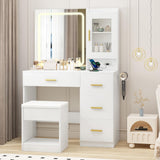 Garvee Escritorio Tocador con Espejo LED, Estación de Carga, 4 Cajones, Blanco, Compacto para Dormitorio - Blanco