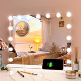 Garvee Espejo de Tocador Hollywood con 15 Bombillas Regulables y 3 Modos de Color, Aumento de 3X, Puerto USB y Tipo C, Control Táctil, Montaje en Mesa o Pared, Blanco, 58 x 46 cm - Blanco