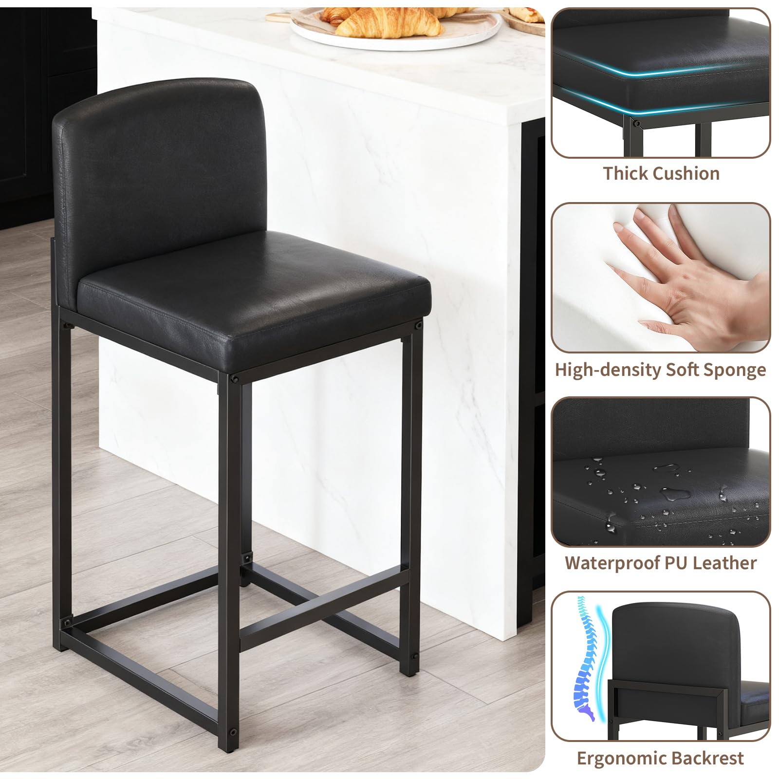 Sillas altas de cocina tapizadas en cuero PU negro de 63 cm