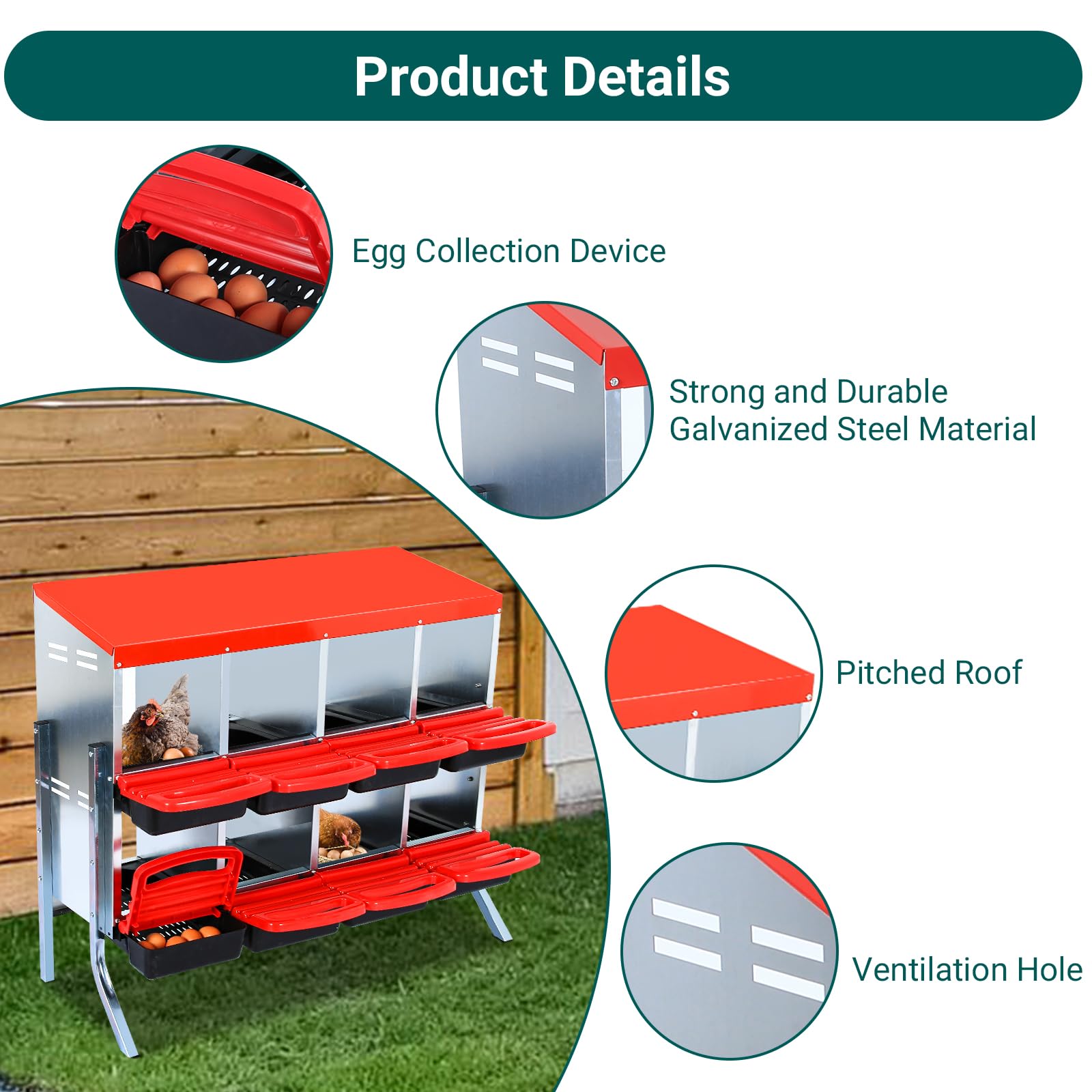 Garvee Caja de Nido para Gallinas 2 Niveles 8 Compartimentos con Soporte Metálico, Acero Galvanizado 0.6mm con Tapa Esmaltada, Techo Impermeable, Ventilación Superior, Rojo