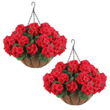 Garvee Set de 2 Geranios Artificiales Colgantes, Plantas de Flores Rojas en Cesta de Fibra de Coco de 30 cm, Decoración para Exterior, Porche y Jardín - Rojo