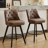 Garvee Taburetes de Bar Giratorios Modernos con Respaldo, Asiento Acolchado de Cuero, Patas de Madera Sólida, Altura 66 cm para Cocina y Bar en Casa, Diseño con Tachuelas, Negro - Marrón de Cuero