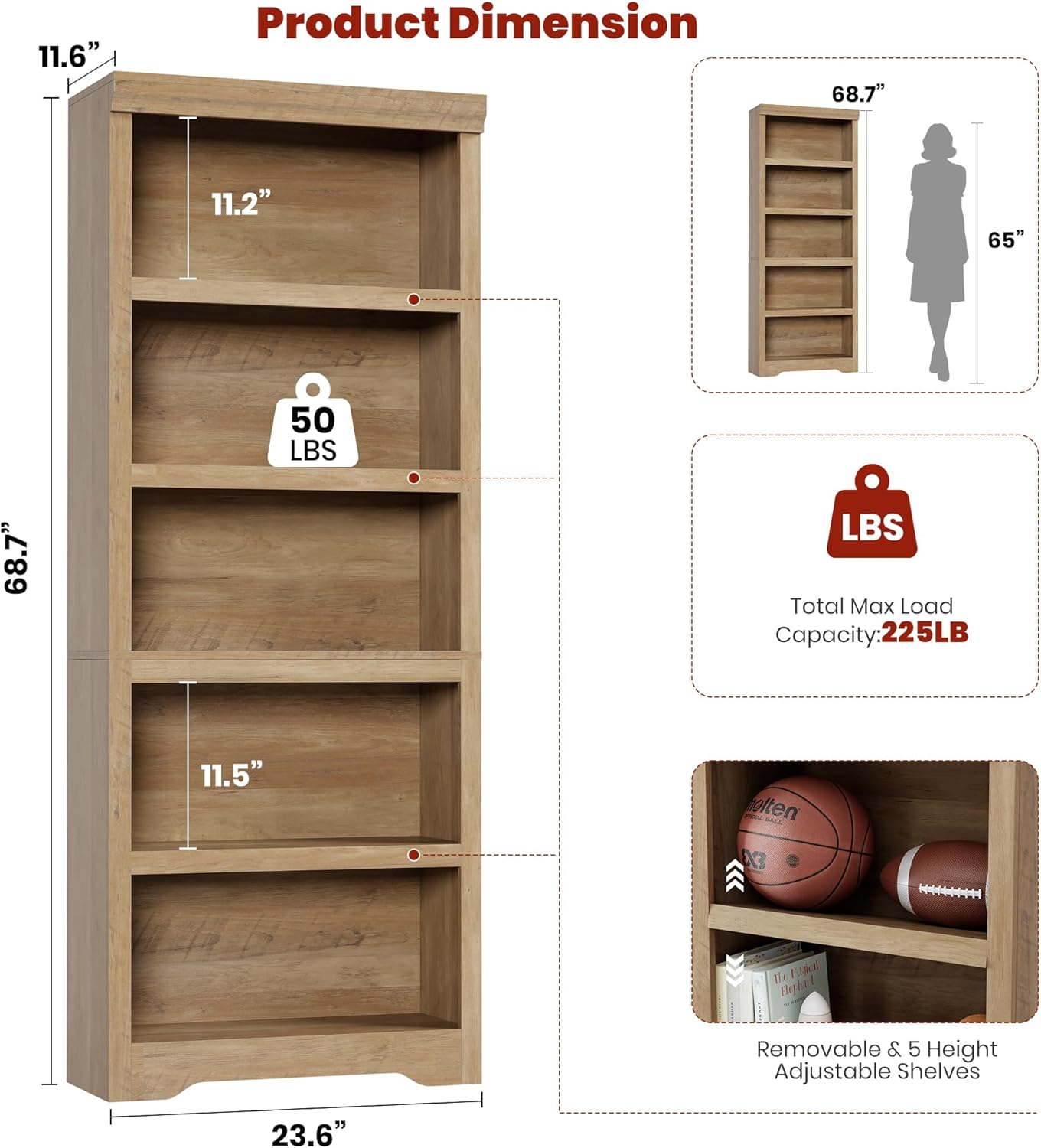 Garvee Estantería Multifuncional de 5 Niveles con Diseño Compacto y Estructura Firme para Profesionales en Despacho o Salón 60cm Marrón