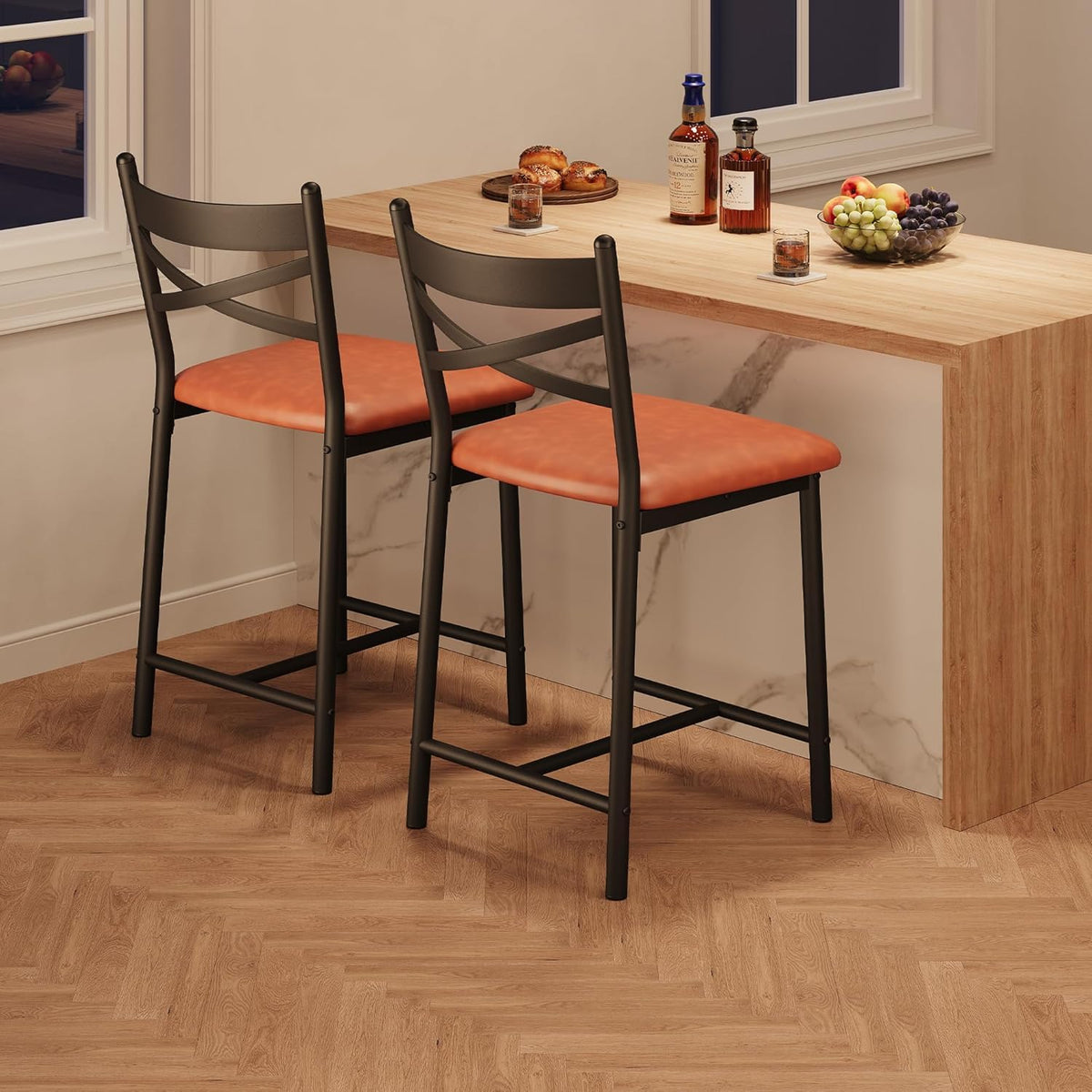 Garvee Juego de 2 Taburetes de Bar de 66 cm de Altura con Respaldo en X y Asiento Acolchado de Cuero PU con Estructura de Metal y Madera para Cocina y Barra Marrón