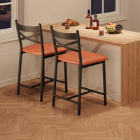 Garvee Juego de 2 Taburetes de Bar de 66 cm de Altura con Respaldo en X y Asiento Acolchado de Cuero PU con Estructura de Metal y Madera para Cocina y Barra Marrón