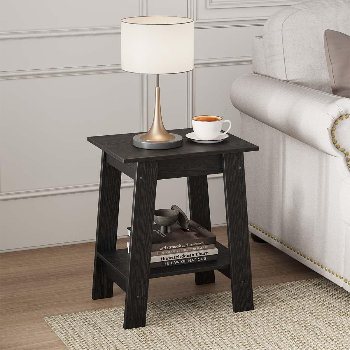 Garvee Pequeña Mesita de Noche de Madera con 2 Estantes para Dormitorio, Sala de Estar, Oficina, Baño 40x30x48CM Negro
