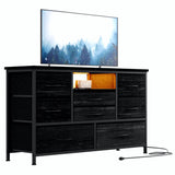 Garvee Cómoda TV Stand 8 Cajones con LED RGB y Enchufe para Salón y Dormitorio, MDF Resistente, Gran Almacenaje, Negro - Negro Carbón
