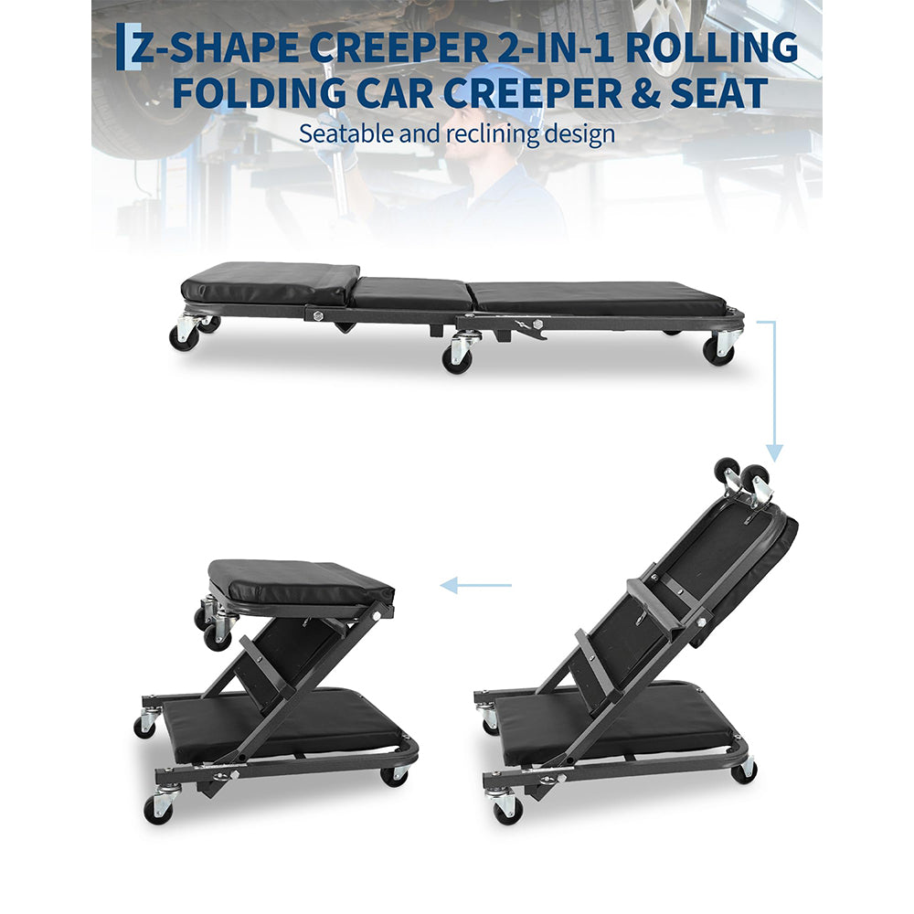 Garvee Asiento Mecánico Plegable 2 en 1 Z-Creeper 91cm 6 Ruedas Giratorias Acero Resistente 149.7kg Carga Máxima con 2 Pares de Guantes para Taller de Reparación Automotriz Negro