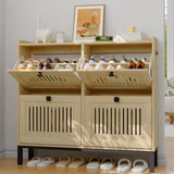 Garvee Zapatero De 4 Puertas Con Estantes Ajustables, Madera Maciza, Para Entrada Y Pasillo, Negro, Compacto Y Moderno - Roble Natural