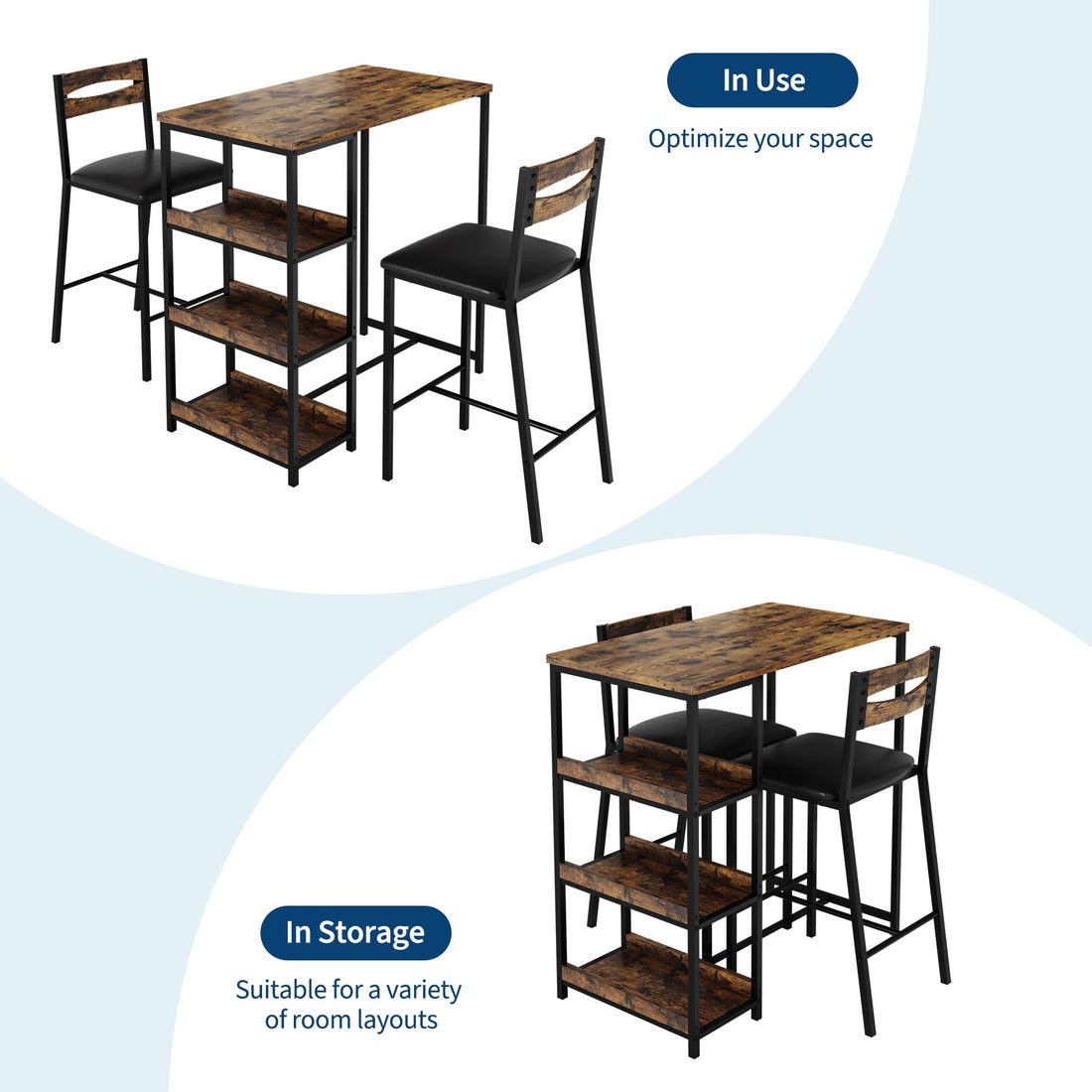 Garvee Conjunto de Comedor 3 Piezas, Mesa con Estantes y 2 Sillas Tapizadas, Estilo Industrial Vintage, Ideal para Cocinas y Espacios Pequeños