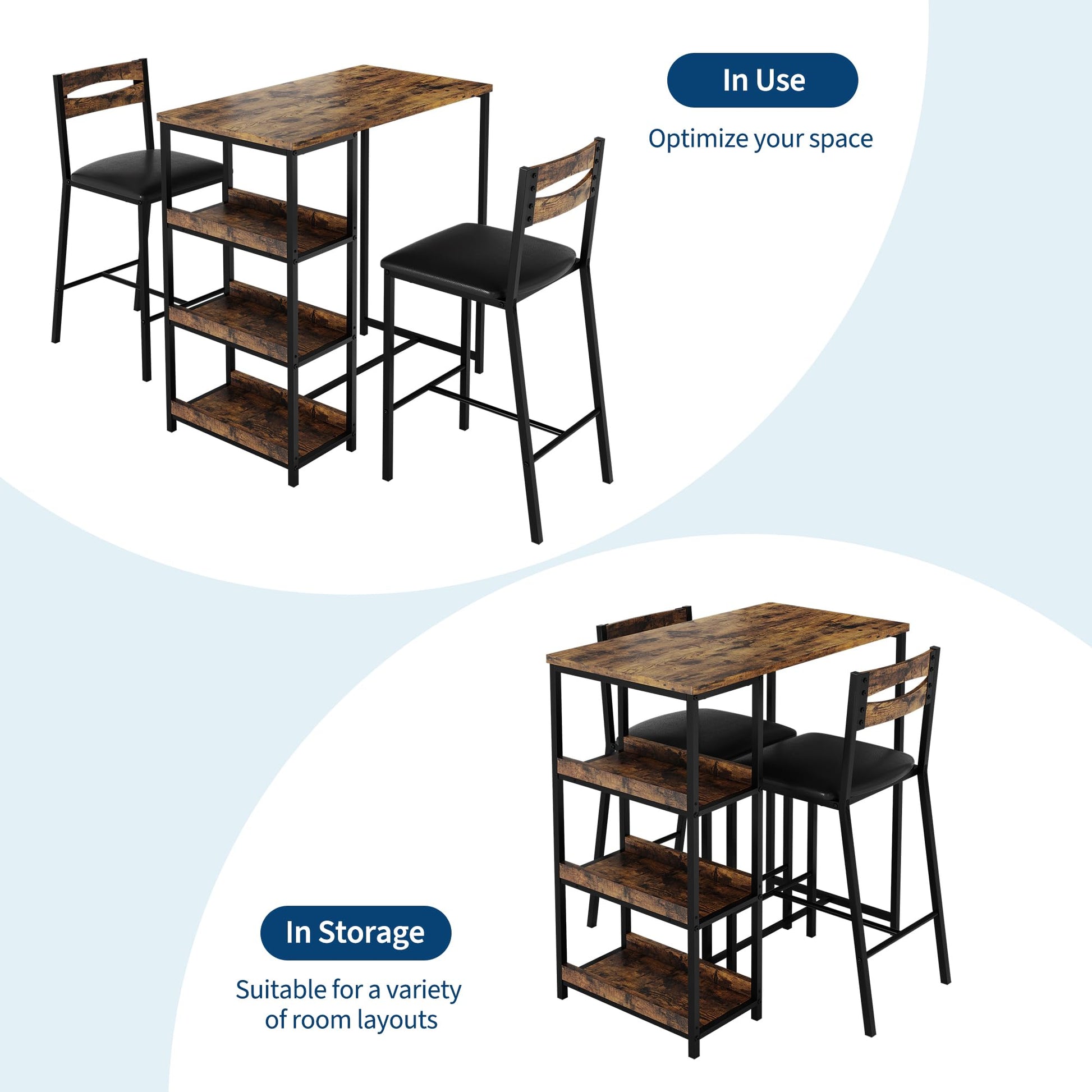 Garvee Conjunto De Comedor 3 Piezas Con Estantes, Mesa De Cocina Y 2 Sillas Tapizadas, Diseño Moderno, Para Comedor Pequeño, Melamina Resistente, Fácil Montaje Vintage