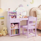 Garvee Vanidad Infantil con Espejo Iluminado y Silla 2 en 1, Mesa de Princesa con Estantería Abierta, Almacenaje Seguro de Madera para Niñas, Juego para Dormitorio, Color Blanco - Púrpura1