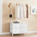 Garvee Perchero Burro de Ropa con 4 Cajones de Tela, Armario Abierto de Hierro y Madera con Barra para Colgar y Ganchos Laterales, Blanco