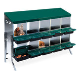 Garvee Caja de Nido para Gallinas 10 Compartimentos con Soporte Metálico, Acero Galvanizado 0.7mm con Tapa Esmaltada Bandeja de Plástico, Bandejas Antióxido Granja Patio, Verde - Verde
