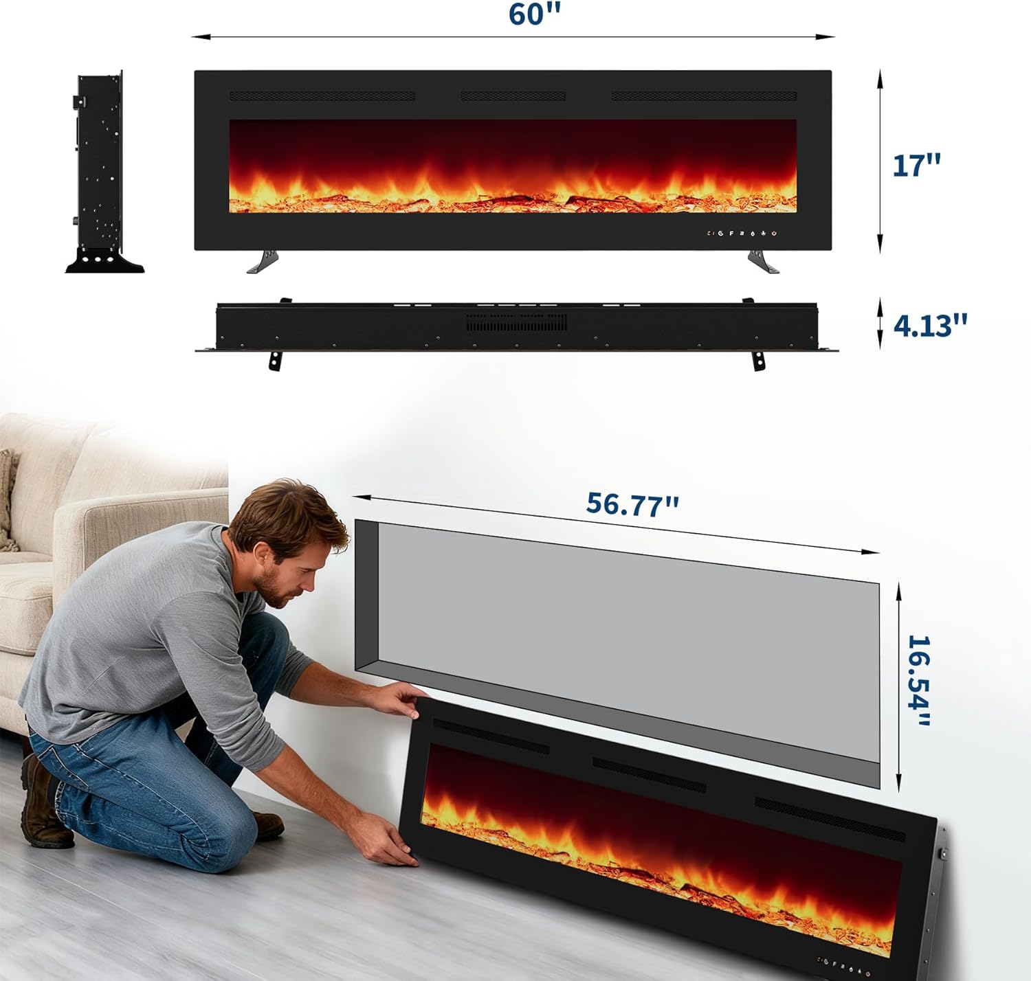 Garvee Chimenea eléctrica 3D de pared de 152cm con calefacción ajustable, 12 modos LED, diseño delgado y elegante, negro