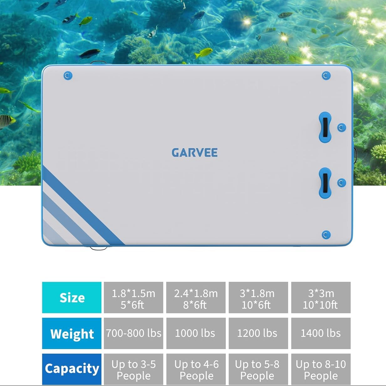 Garvee Plataforma Inflable Flotante 244x183 cm con Escalera de Cuerda, PVC Resistente para Piscina y Playa, Superficie Antideslizante, Anclaje Seguro