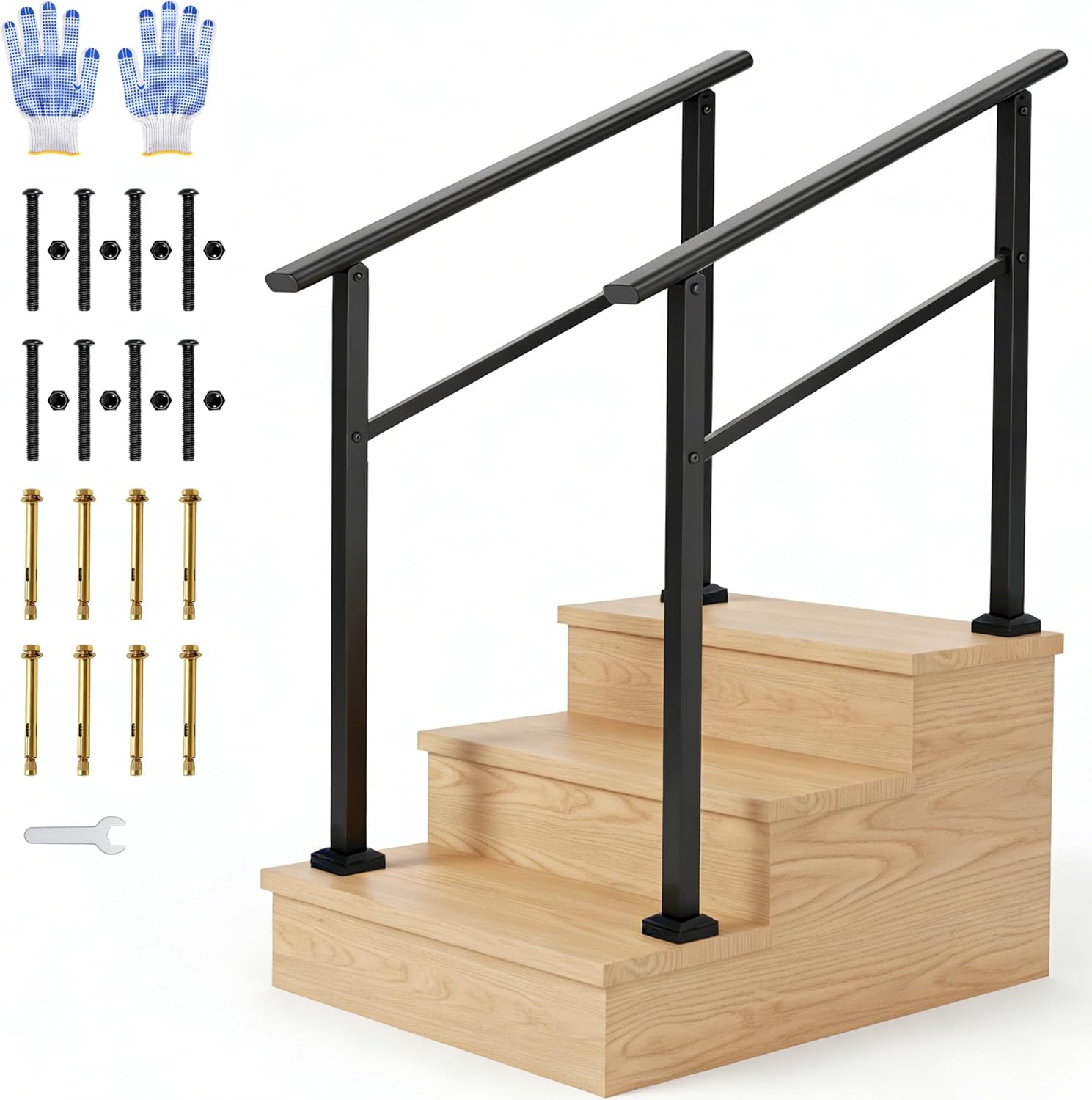 Garvee Barandilla para Escalera de 3 Peldaños Pack de 2 Unidades Doble Protección con Guantes de Trabajo para Uso Residencial Negro