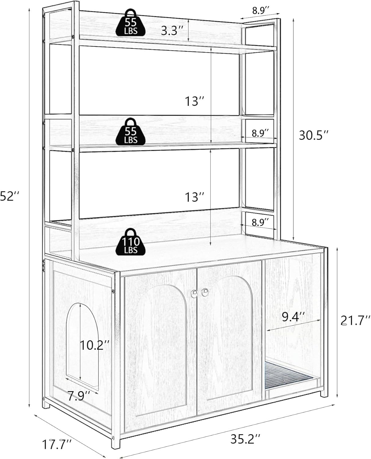 Garvee Mueble para arena de gato Garvee con 2 estantes, alfombrilla para rascar, casa para gatos de interior, armario de baño, estante para arena que ahorra espacio, blanco