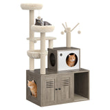 Garvee Árbol para Gatos con Caja de Arena Integrada, Condominio de Madera, Hamaca y Poste Rascador, Gris, 80×48×140 cm - Gris Rústico