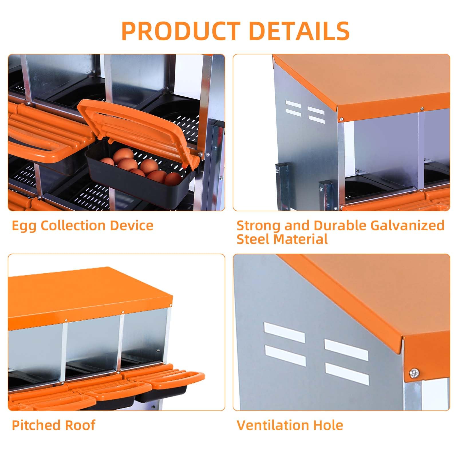 Garvee Caja de Anidación para Pollos 6 Compartimentos, Acero Galvanizado PP, Bandeja Antióxido, Mango de Plástico, Resistente a la Oxidación, Naranja