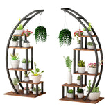Garvee Soporte para plantas de interior de 5 niveles, diseño semicircular, estructura de acero resistente, estantes MDF, 60x40x143cm, negro