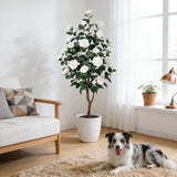 Garvee Árbol Artificial de Camelia de 122 cm, Planta Sintética Decorativa Realista para Interiores y Exteriores con Maceta, Blanco - Blanco