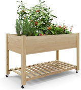 Garvee Huerto Urbano Elevado de Madera con Ruedas y Estante Mesa de Cultivo 122x61cm para Jardín Balcón y Terraza - Madera Natural